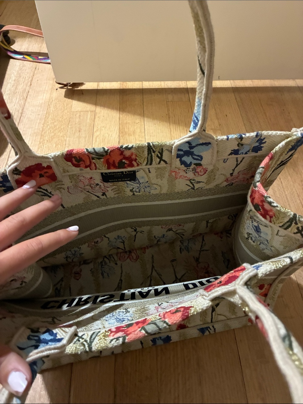 Dior Beige Floral Canvas Tote with Red & Blue Accents - Picture 2 of 3